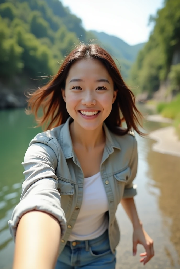 Age 35、Female Brown Hair 、cute 、Japanese　、Photo from the waist up　Like taking a selfie　Medium Hair　Natural smile　Running along the river　F cup bust　Show off your cleavage
