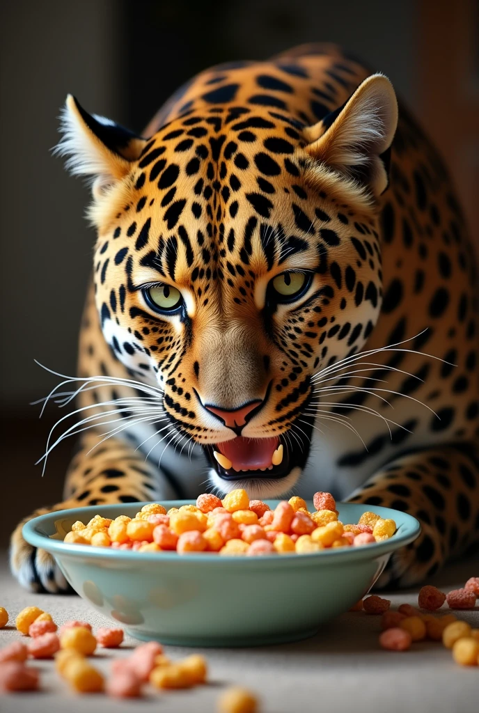 Leopard eating cereal