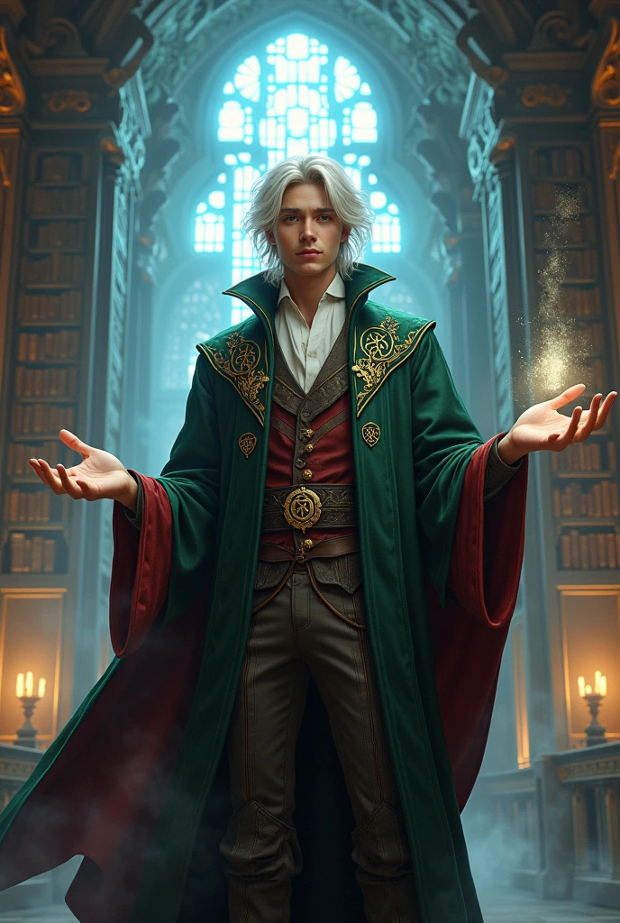 Create an image following the criteria:
1)Gender: Man 2)body hair: White and Shoulders 3)classy: rpg wizard 4)kor: 20 year