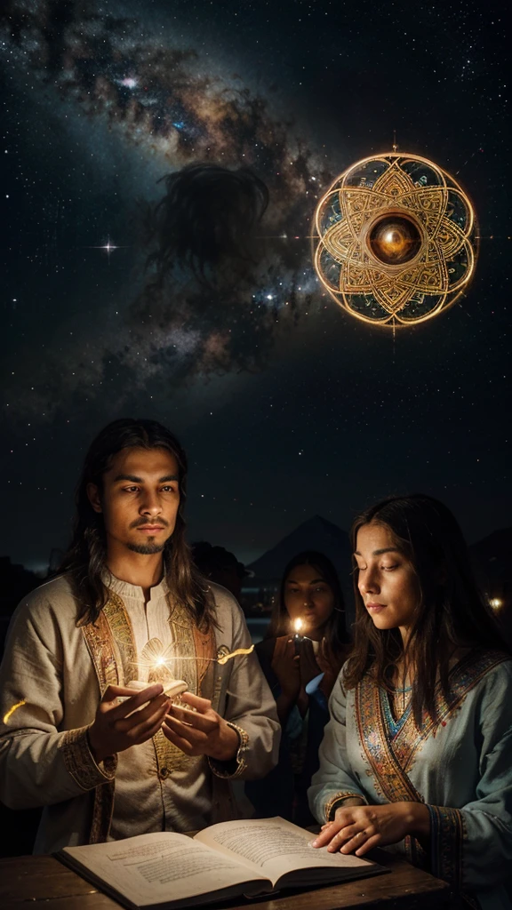 Create a highly detailed and vibrant image depicting a gathering of people from various ethnicities and cultures, including figures like Aristotle, Plato, Confucius, Hermes Trismegistus, the Virgin Mary, Jesus, Nikola Tesla, a sage, a teenage girl, and young children. They are all engaged in spiritual and philosophical exploration. At the center of the image, place an elderly person with a dignified and noble appearance, along with a young man and a young woman, symbolizing the transmission of knowledge and wisdom. Surround them with spiritual and cosmic symbols.In the middle of the image, incorporate a glowing element resembling the Eye of Horus, a powerful symbol from ancient Egypt. The Eye of Horus should emit a mysterious and radiant glow, blending with intricate mandalas, cosmic symbols, and mystical geometric patterns to represent the interconnectedness of all things in the universe.The composition should include people from different backgrounds reading ancient texts, reflecting, and sharing ideas to create an atmosphere of learning and unity. The background should consist of a cosmic landscape that merges the sky, stars, and ethereal light, emphasizing the spiritual journey. Use a rich and diverse color palette, with warm tones representing wisdom and cool tones symbolizing contemplation and serenity. The overall feel of the image should convey harmony, enlightenment, and connection with the universe.