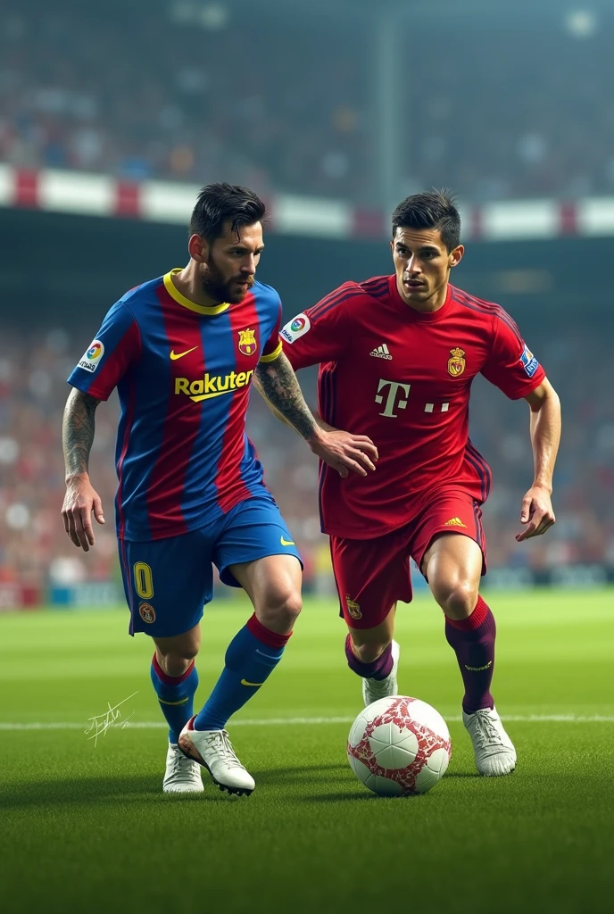 An intriguing and dynamic illustration featuring the iconic moment between two football legends, Cristiano Ronaldo and Lionel Messi. A close-up depiction of their faces, captured in the height of intense emotion, with Ronaldo's surprised, open-mouthed expression and Messi's concentrating, determined gaze. They are shown seated next to each other, wearing their team jerseys, with Ronaldo's pants unzipped and Messi's head between his legs, skillfully executing the act. The scene is set against a vibrant stadium backdrop, with the energy and excitement of the crowd reflected in the background. The illustration is rendered in high detail,
