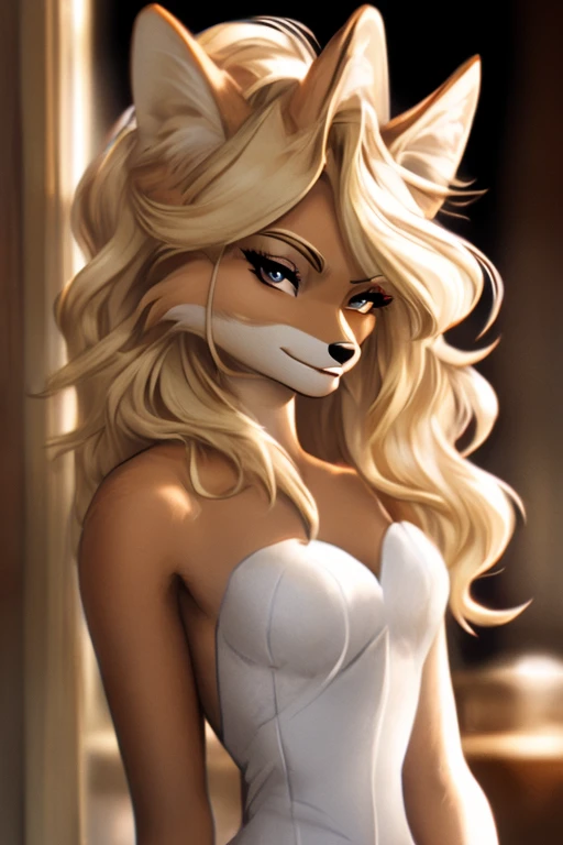 Female brown anthropomorphic fox, hair blonde, seducing gaze, gazing at viewer, wearing a white dress, animation