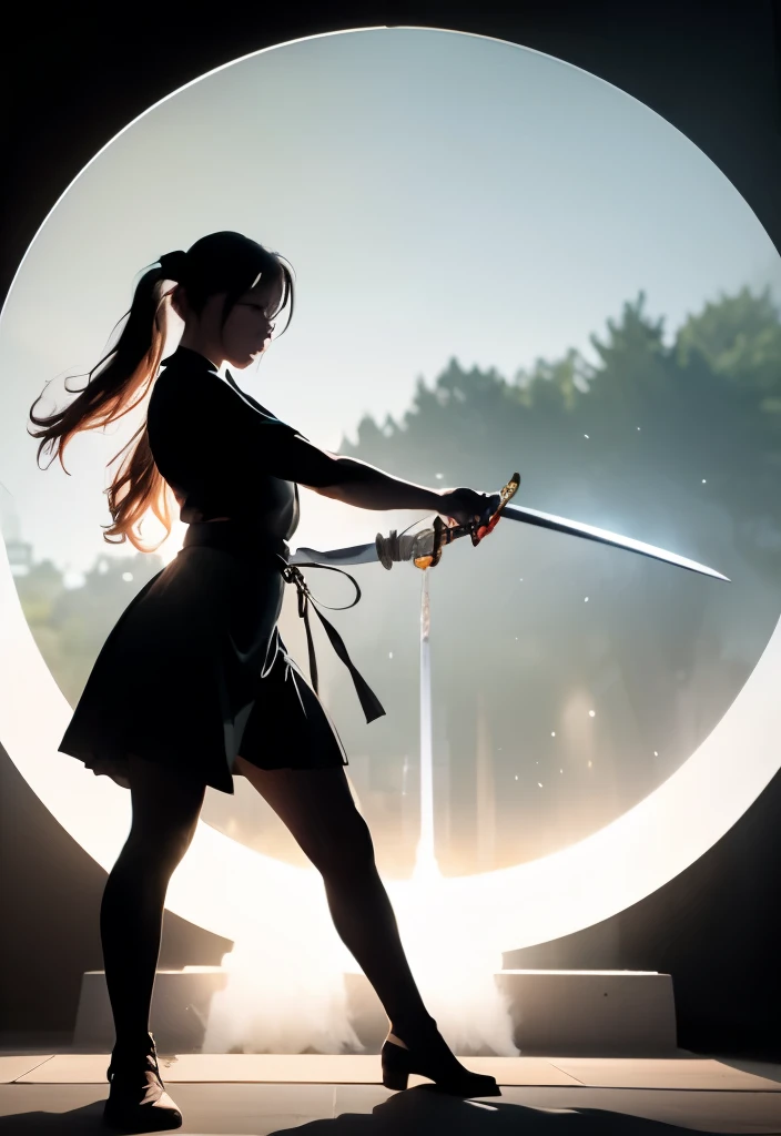 (Silhouette of a female lead dancing with sword:1.5),Glowing sword,(Fighting Stance，Strong dynamic stance:1.4),On the Lake，High contrast, Mysterious atmosphere，cloud，smokes，lotus，lotus leaf，ripple，(Water splash;1.4)，moonlight，swordsman，effort，(Tyndall effect:1.8)，visible light，Holy Light，dome light，Photon Mapping，Radiosity，Physically Based Rendering，