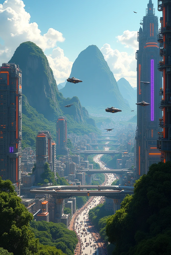 Create an image of a futuristic city in Rio de Janeiro in the year 2100. Present a vibrant metropolis with towering skyscrapers and innovative architecture, blending futuristic design elements with traditional Rio touches. Include flying vehicles and bright neon-lit streets. The landscape must reflect a fusion of nature and technology, with Sugarloaf Mountain and Christ the Redeemer adapted to a modern environment, perhaps as iconic landmarks with advanced technology. The scene should convey a sense of progress and energy, Capturing the essence. City dynamics in the distant future.