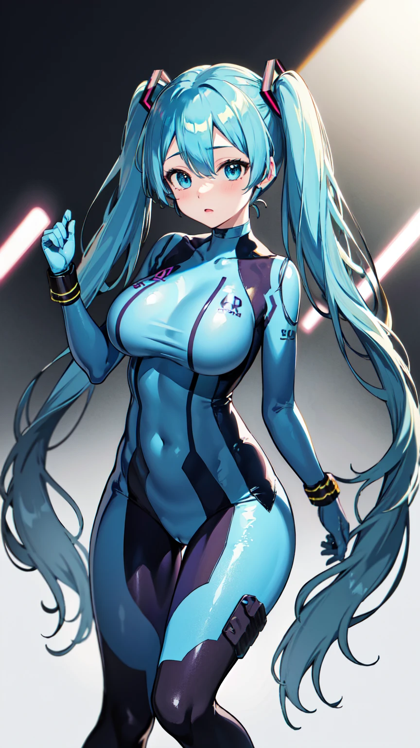 masterpiece, Hatsune Miku Vocaloid, Twin tails, Bright Blue Eyes, Light blue hair, ((Pichi Pichi body suit)), cyber punk, ((Ultimate toned physique)), Beautiful Eyes, ((Big Breasts)), 8k CG, Highest quality, Best image quality,