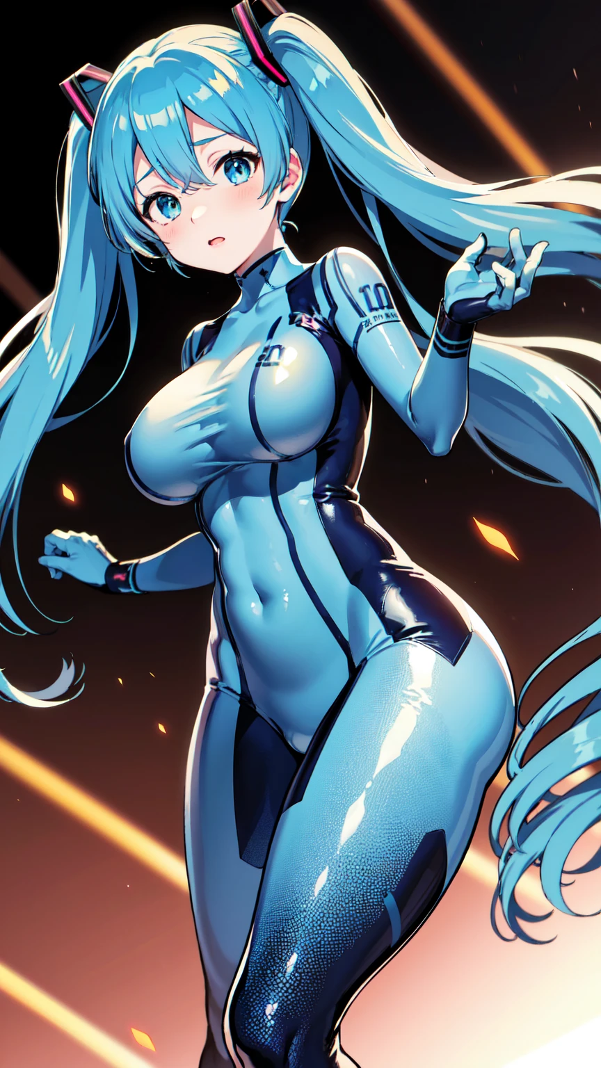 masterpiece, Hatsune Miku Vocaloid, Twin tails, Bright Blue Eyes, Light blue hair, ((Pichi Pichi body suit)), cyber punk, ((Ultimate toned physique)), Beautiful Eyes, ((Big Breasts)), 8k CG, Highest quality, Best image quality,