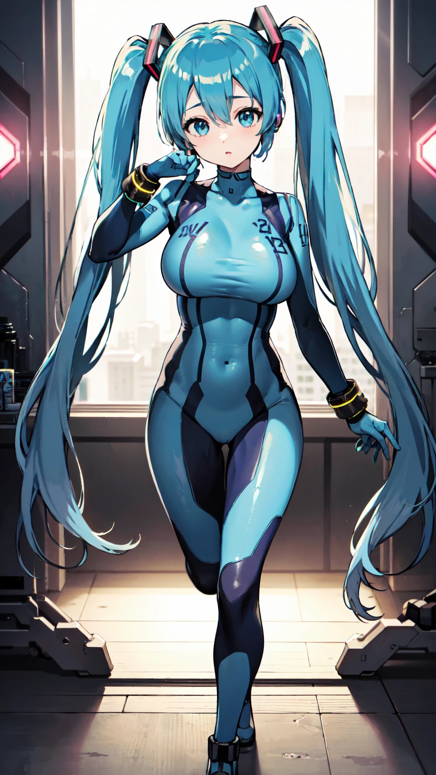 masterpiece, Hatsune Miku Vocaloid, Twin tails, Bright Blue Eyes, Light blue hair, ((Pichi Pichi body suit)), cyber punk, ((Ultimate toned physique)), Beautiful Eyes, ((Big Breasts)), 8k CG, Highest quality, Best image quality,