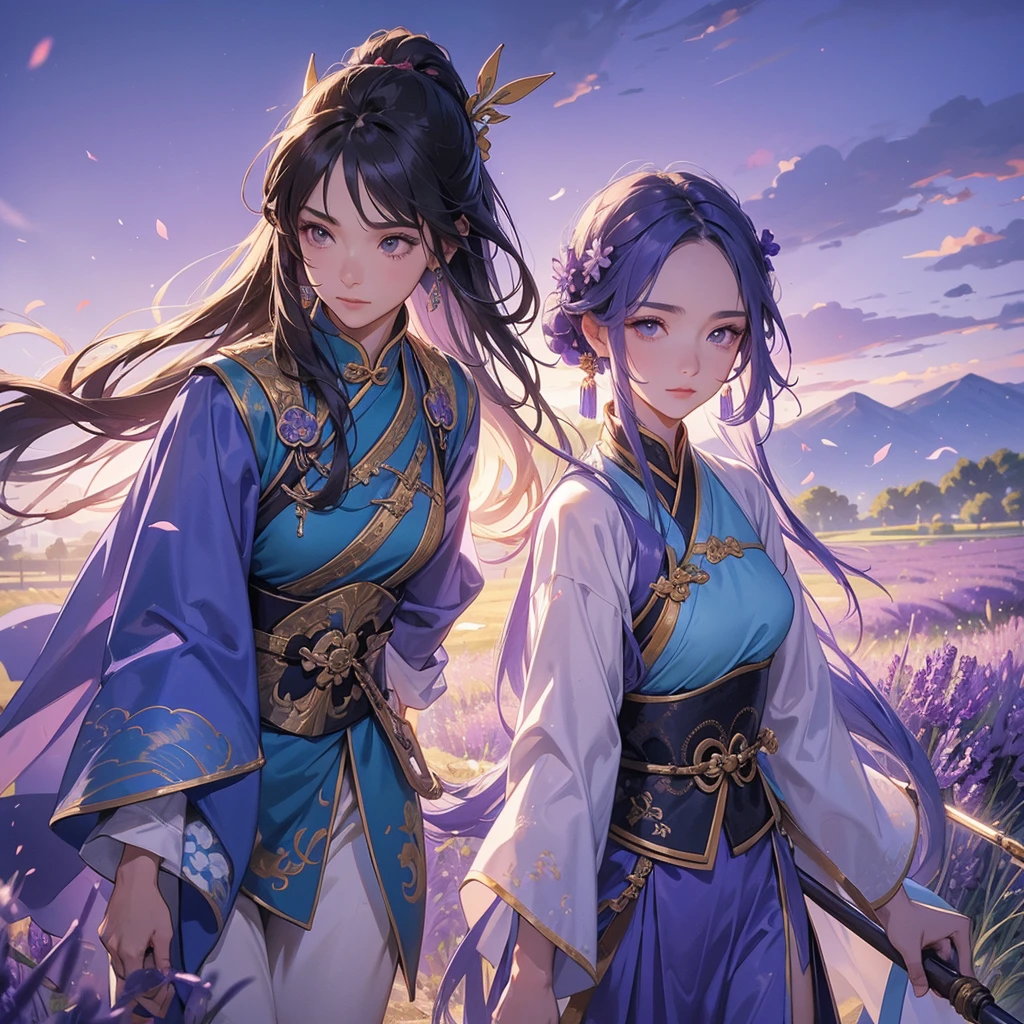 A beautiful female general holding a big spear in blue ancient Chinese general costume, walking In the middle of lavender fields , Surrounded by lavender fields, purple, with green mountains in the background, low clouds, the sun is about to set. close up.