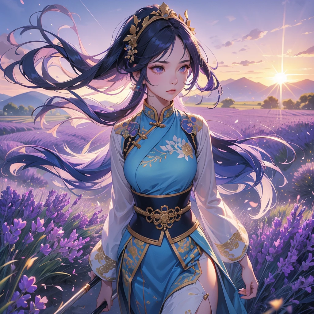 A beautiful female general holding a big spear in blue ancient Chinese general costume, walking In the middle of lavender fields , Surrounded by lavender fields, purple, with green mountains in the background, low clouds, the sun is about to set. close up.