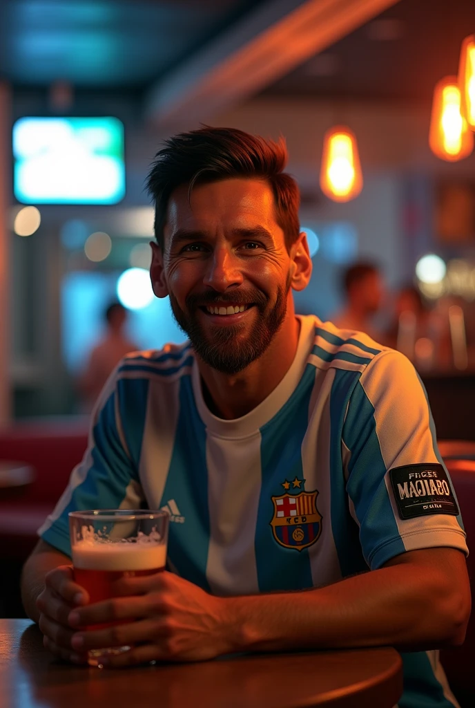 A perfect frontal shot of Lionel Messi drinking a pint of beer at a bar in Miami