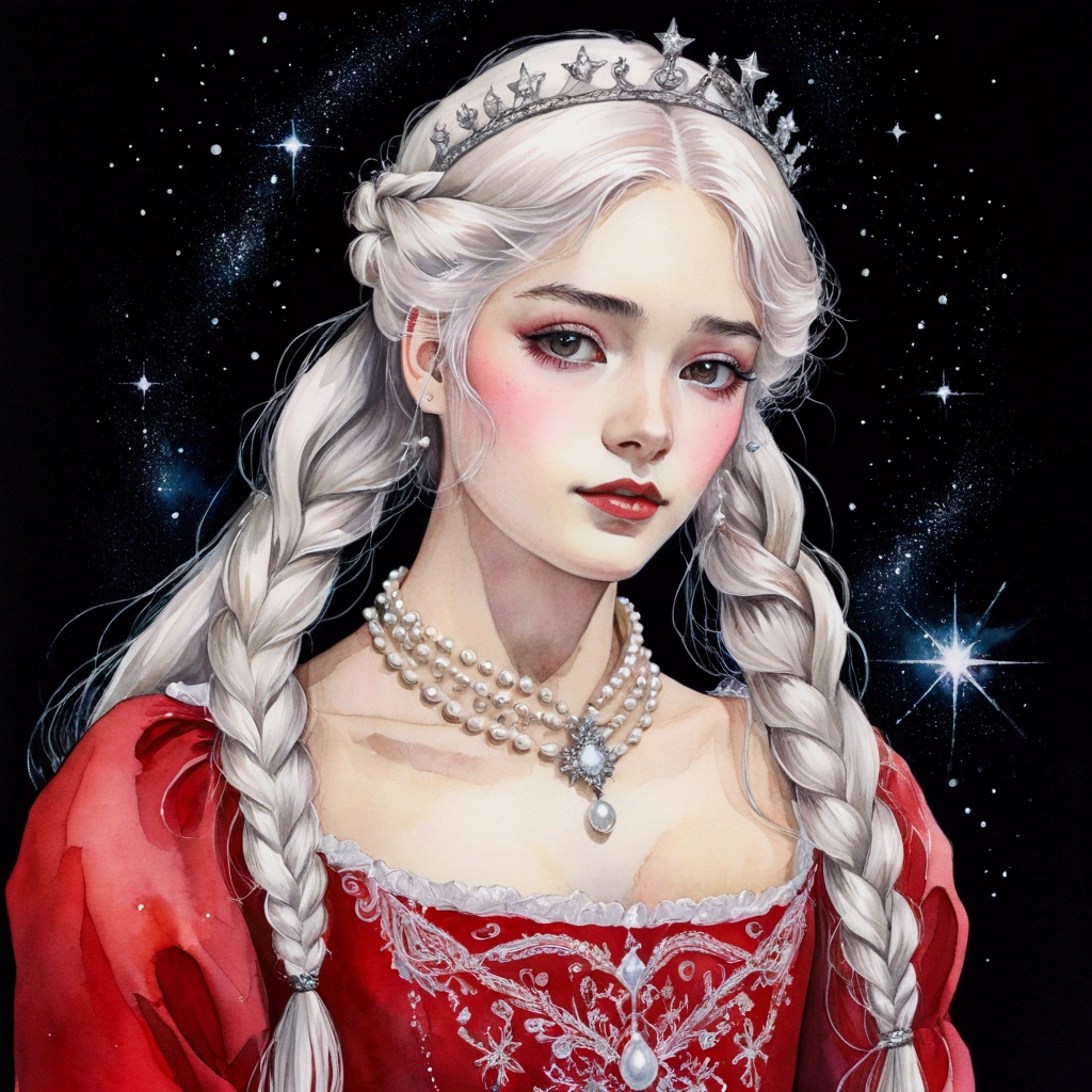 Watercolor illustration, manga vibes, slim figure, black background. 1girl, solo, upper body, portrait, long hair, white hair, one braid, crown, Victorian dress, red clothes, pearl choker. Sparkles stars, magic dust.