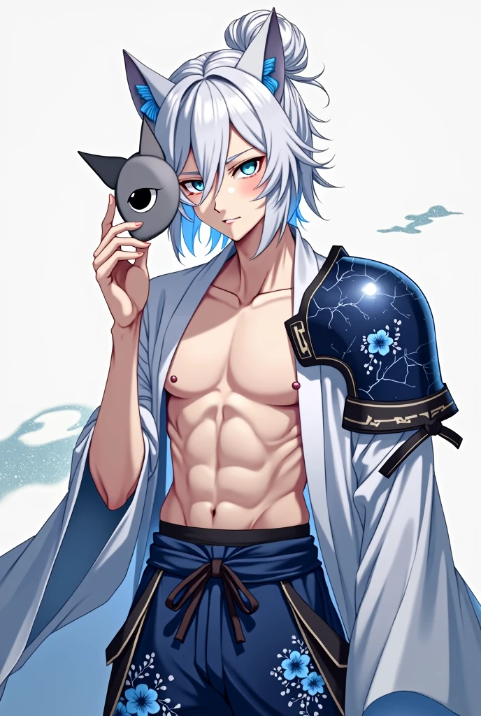 Anime style, 18 year old male, white hair tied in a bun, middle-length hair, white eyes in star eyes, wearing dark blue kimono pants with blue sakura pattern, armor on the side of the pants, shirt off, dark blue sakura armor on the left shoulder, wearing a gray fox mask on the left side of the face.