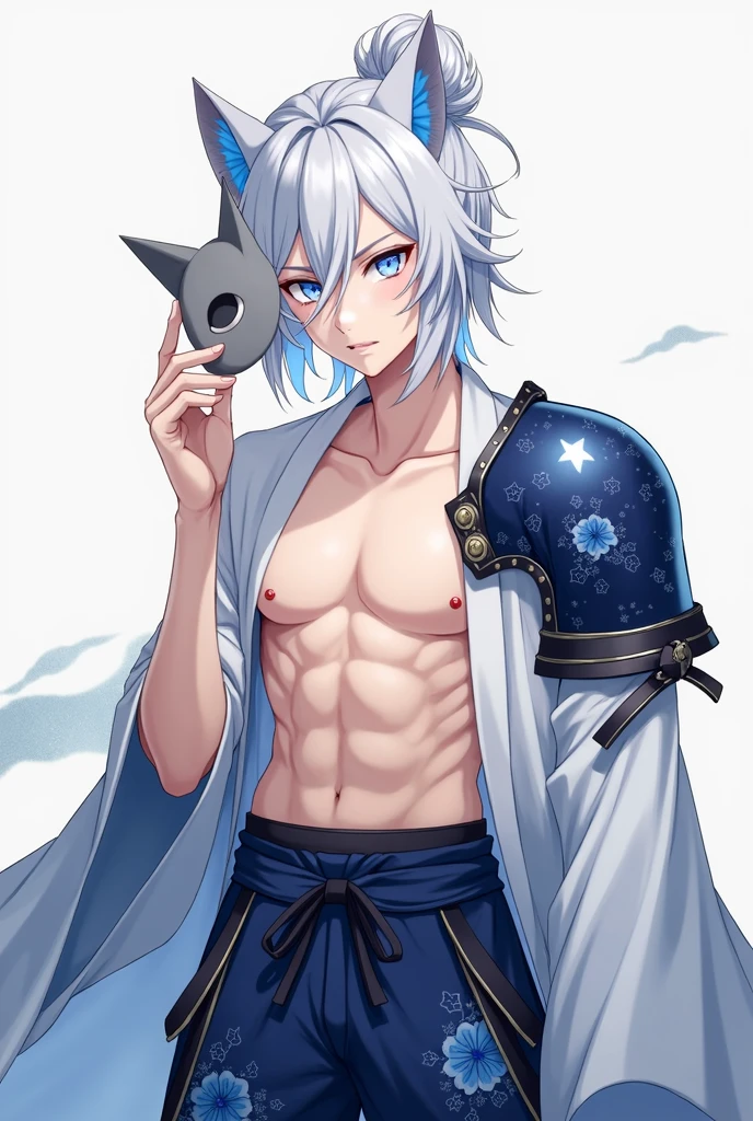 Anime style, 18 year old male, white hair tied in a bun, middle-length hair, white eyes in star eyes, wearing dark blue kimono pants with blue sakura pattern, armor on the side of the pants, shirt off, dark blue sakura armor on the left shoulder, wearing a gray fox mask on the left side of the face.