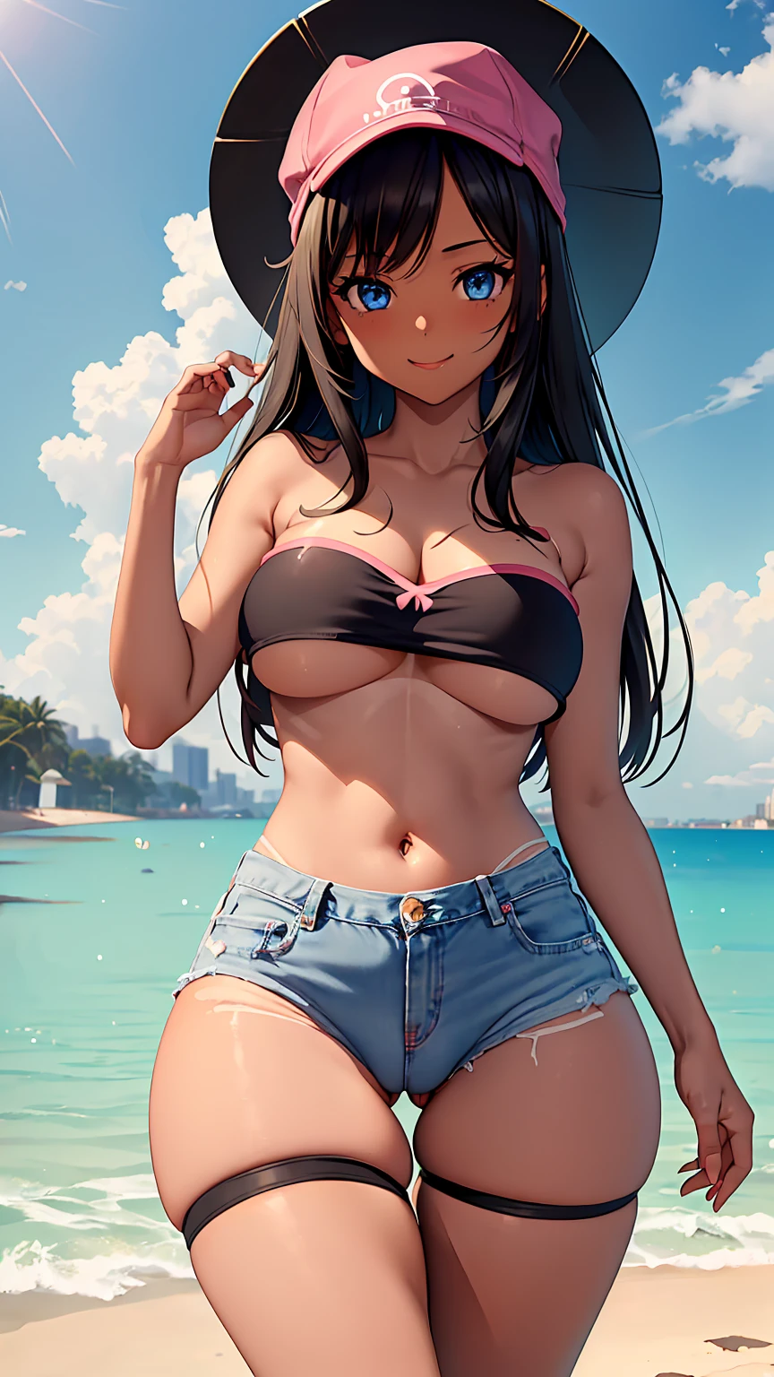 1girl, anime girl, anime, (((dark skin)), tan-lines, tan lines, tan line), 2d girl, 16y, (fullbody), standing, anime girl, blue eyes, smile, pink cap, (black hair, mid-long hair), (((tube top,strapless,black))) exposed navel, (((underboob view))), Solo, Slim, large breasts, big , big Breasts, Tight Shorts, low waist shorts, upshorts, The night beach background, city lights, looking at viewer, darker shadows, (((explicit))), (((shorts))), (((absurdres))), (((thigh gap))), (((cameltoe))), (((cleft of venus))), (((lowleg shorts))), (((innie pussy))), (((inniepussy))), (((innie_pussy)))