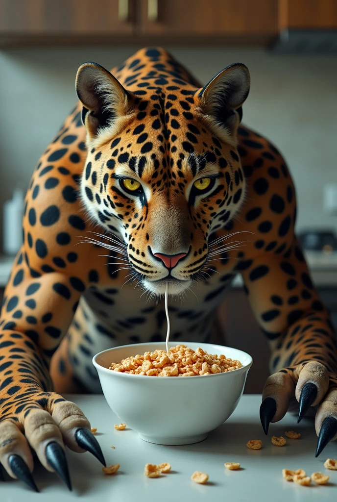Meta-human leopard eating cereal