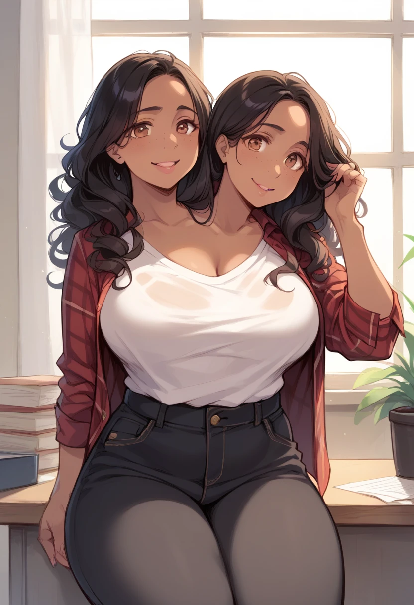 2heads, a thick woman with two heads. She is in a call center office with cubicles. She is wearing an unbuttoned plaid flannel shirt, t-shirt underneath, and black pants. Native American face. She has messy long curly long dark hair. She has baggy eyes. She has a big thighs. 