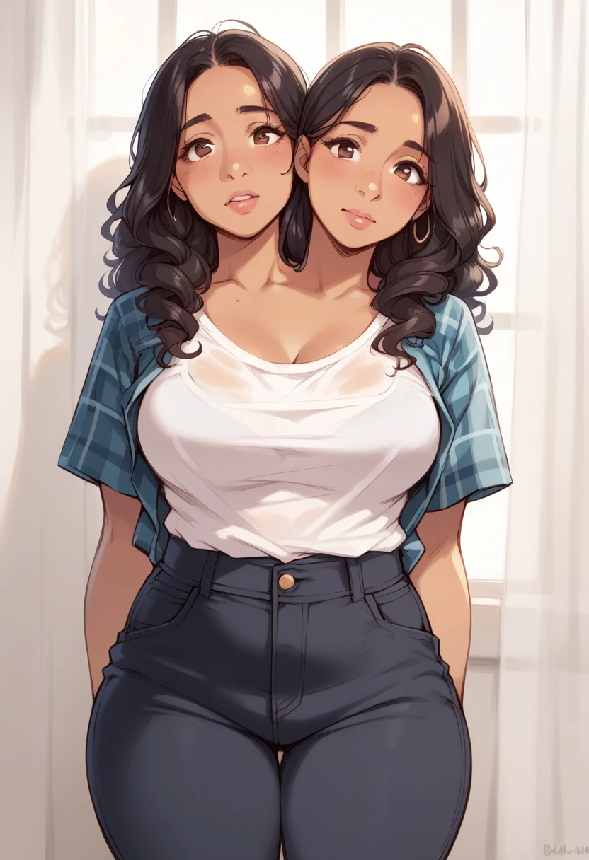 2heads, a thick woman with two heads. She is in a call center office with cubicles. She is wearing an unbuttoned plaid flannel shirt, t-shirt underneath, and black pants. Native American face. She has messy long curly long dark hair. She has baggy eyes. She has a big thighs. 