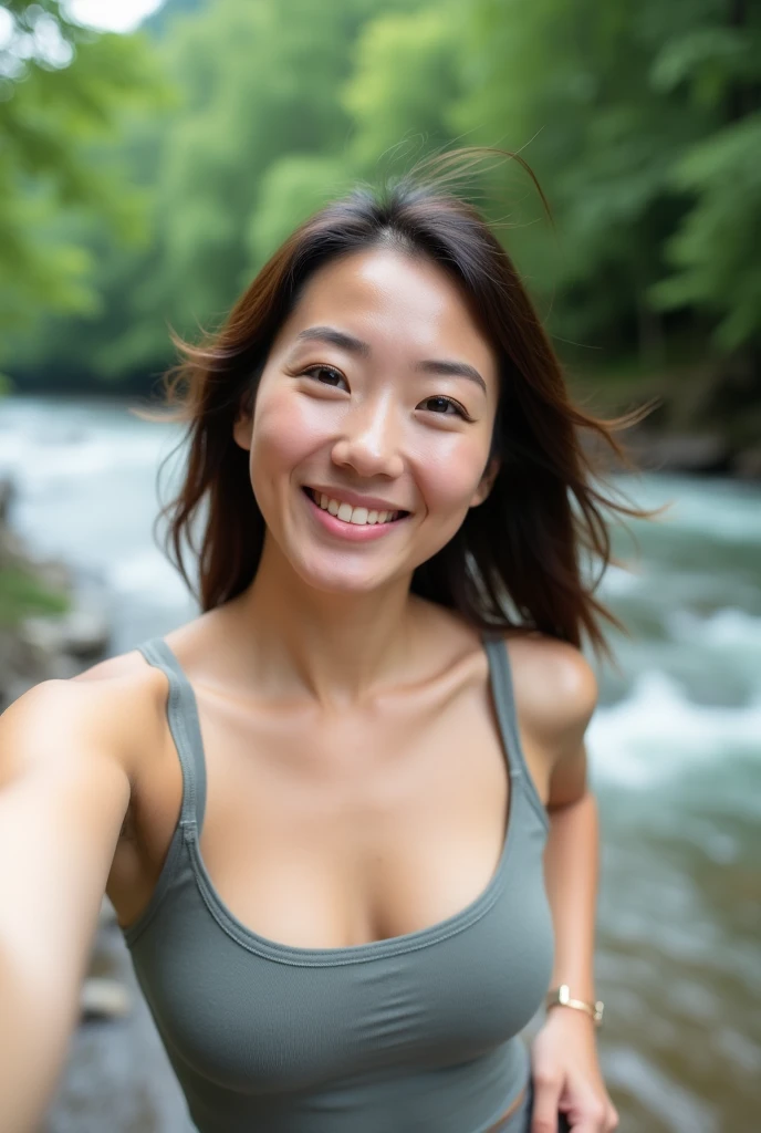 Age 35、Female Brown Hair 、cute 、Japanese　、Photo from the waist up　Like taking a selfie　Medium Hair　Natural smile　Running along the river　F cup bust　Show off your cleavage　Photo taken from an oblique angle
