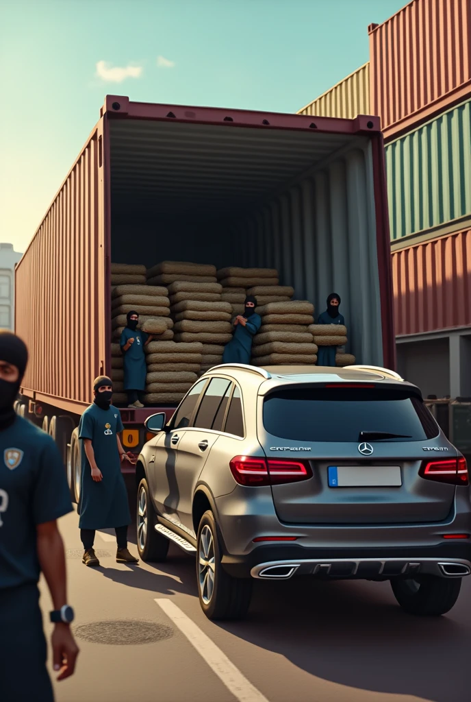 An animated image where a container full of hash plates is being unloaded at a container port by several people and all people are wearing a Moroccan jersey and are fully masked and the hash plates are being loaded into the trunk of a Mercedes SUV and at the top of the image the name "STARIOTZ" is written in large letters