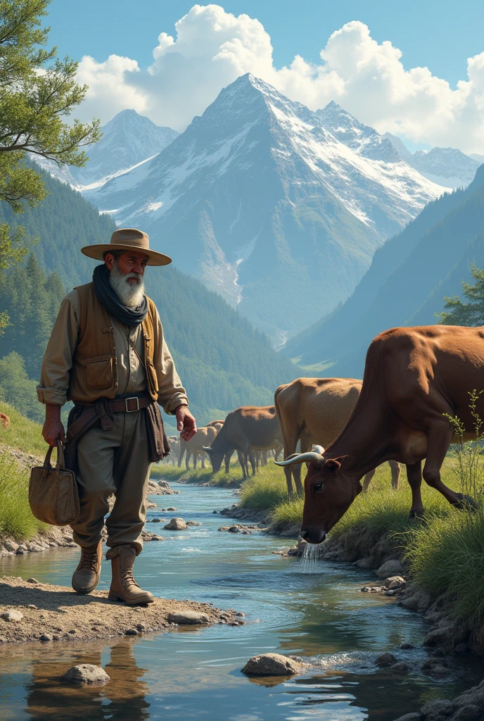 Like a muleteer (farmer) walk along the bank of a river, to give water to cattle, besides, The muleteer drinks water from the river below the mountain range.