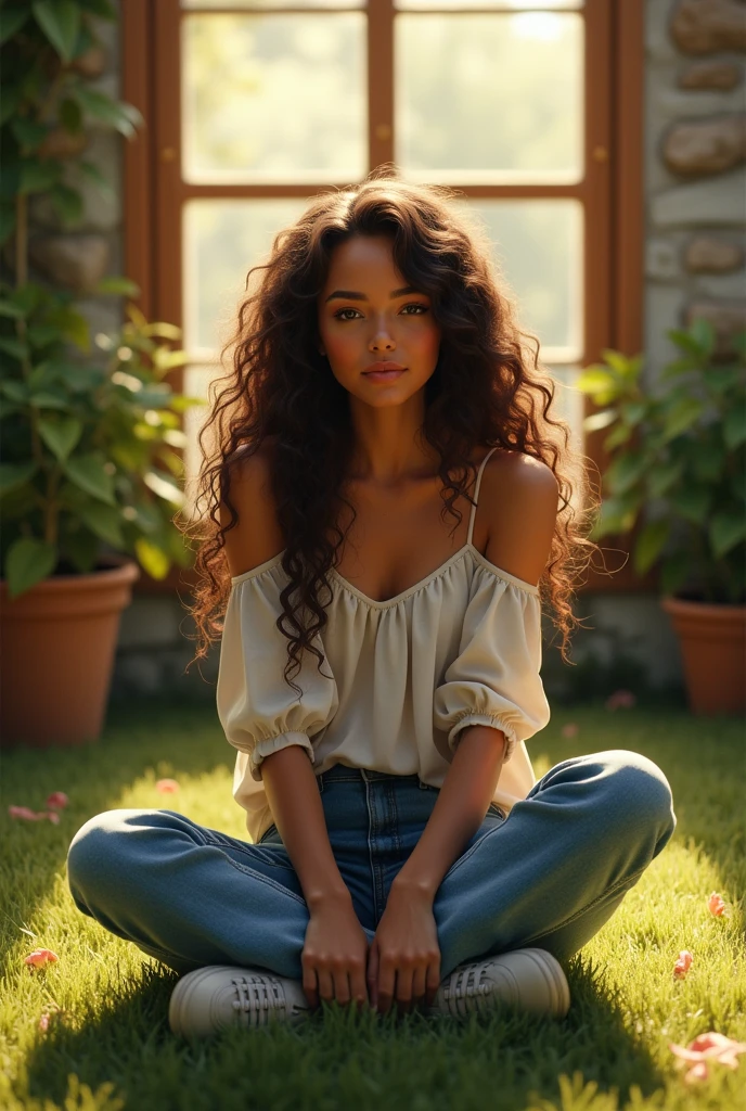 (photorealism:1.2), beautiful woman, sitting on grass, wearing off-shoulder top, denim pants, sneakers shoes, long curly hair, outdoors, soft lighting, plants in background, window with sunlight, cozy room, relaxed pose, realistic, intricate details, warm colors,