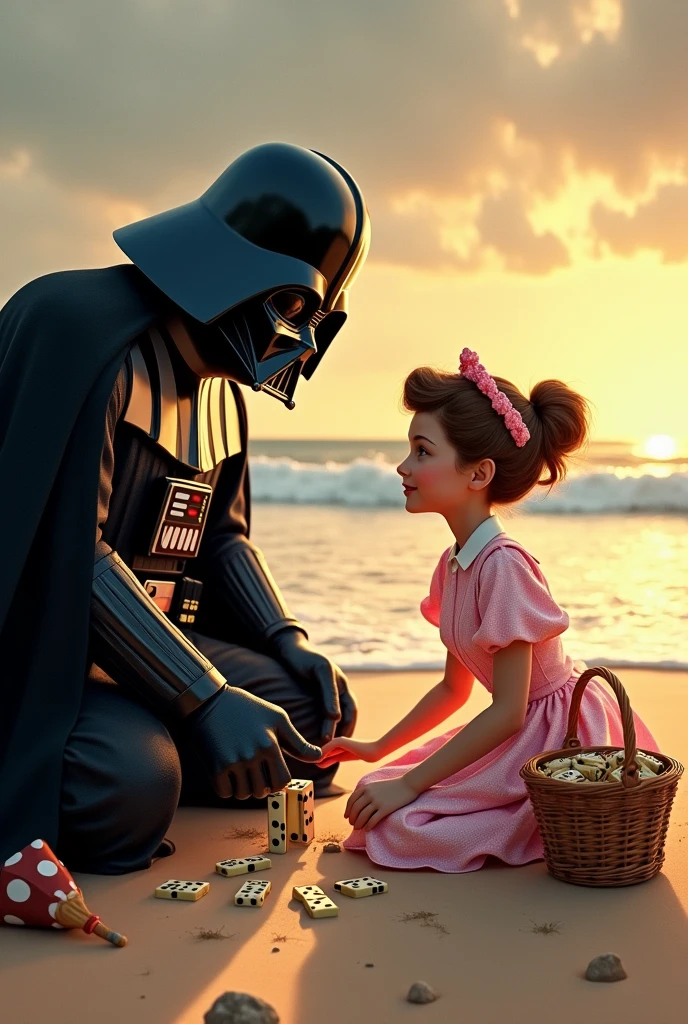 Mary Poppins playing dominoes on the beach with Darth Vader