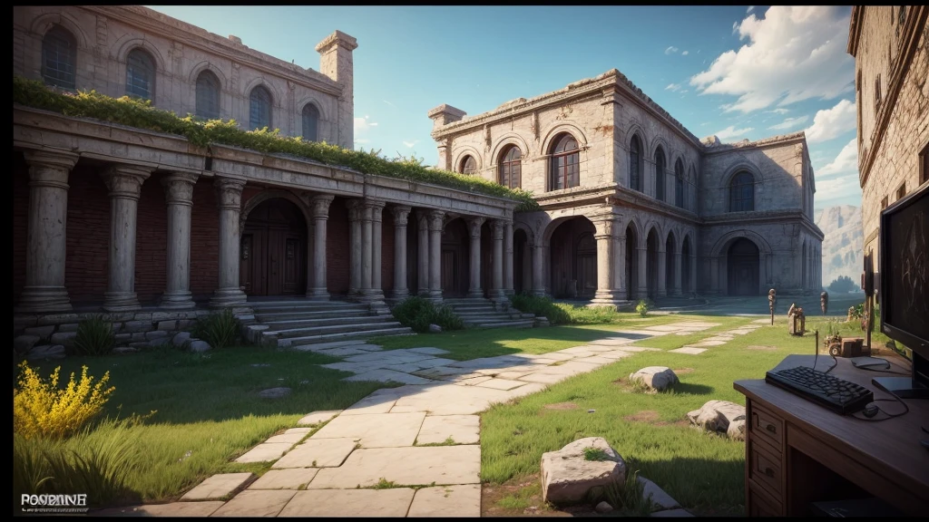 Gaming scene in a computer screen,NPC scene,Ancient building exterior modeling