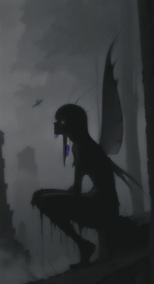 Foggy Forest, demonic silhouette, fairy shadow figure, red eyes, eyes in the fog, rotting, looking dead, torn wings, forest ruins,