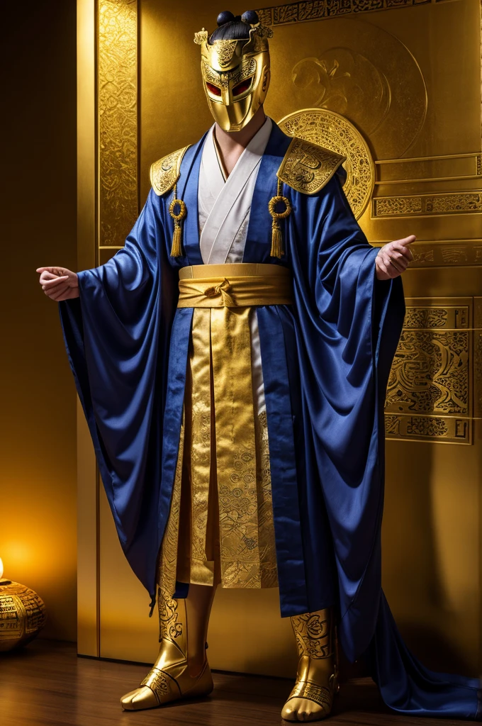 best quality, 8k, very delicate and beautiful, highly detailed face and skin texture, shiny skin, high resolution, man wearing kimono and golden sanxingdui mask, full body, sharp focus