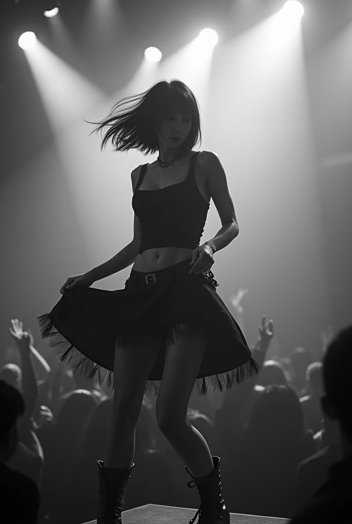 Short Bob、Japan Female Vocals、Japanese、8k、live house、A large audience、Black and white photography、Punk Rock、Smoke filling the stage、shake one's head、Functional、Tank top、Large Breasts、M-shaped legs、skirt、Show your pants、skirtめくり
