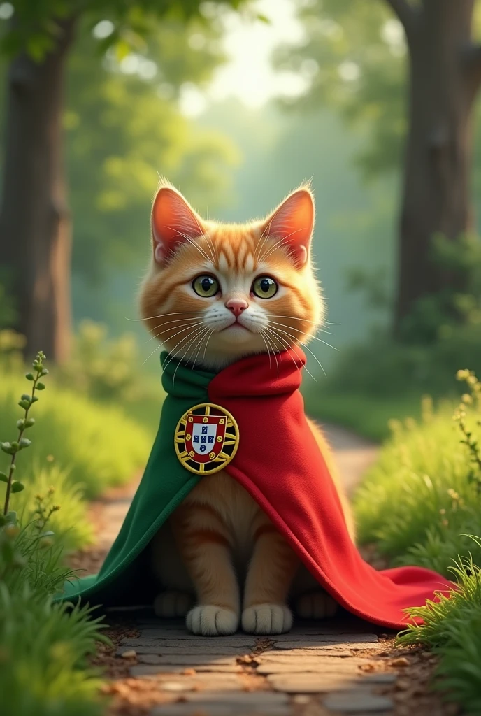 Un chat avec un drapeau Des Portugal comme vêtements dans un parc 