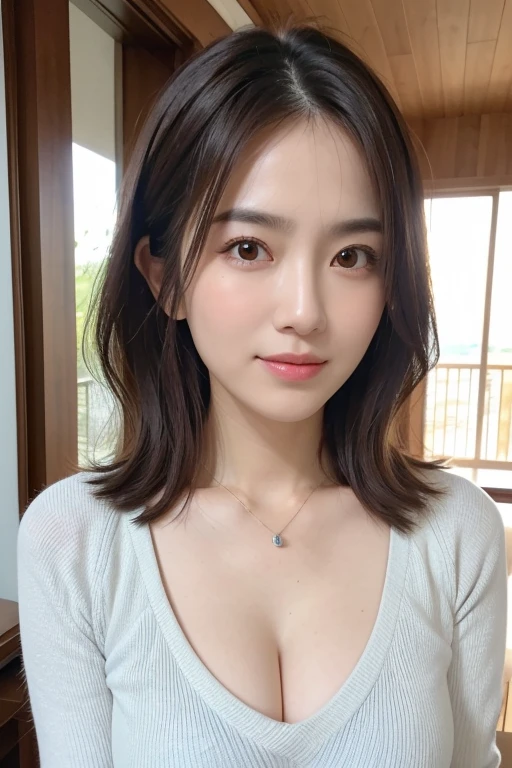 8K, top-quality, masterpiece, realisitic, Photorealsitic, ultra-detailliert, Natural sunlight, mideum breasts, I can see the cleavage, light blue V-neck knit, 1 persons, 35-year-old woman, (look at a camera), (Look from the front), beautiful hairl, Floating hair, Pendants, extremely detailed face and skin, A detailed eye, extremely detailed face and skin