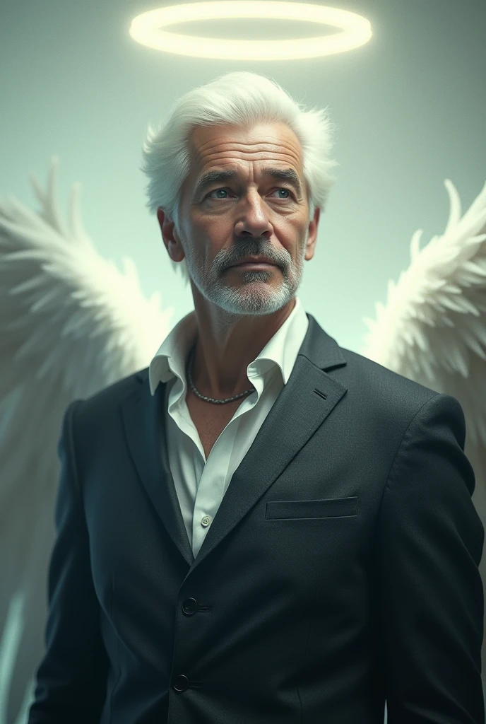 a man with white hair and silver eyes, wearing a suit with a halo on his head