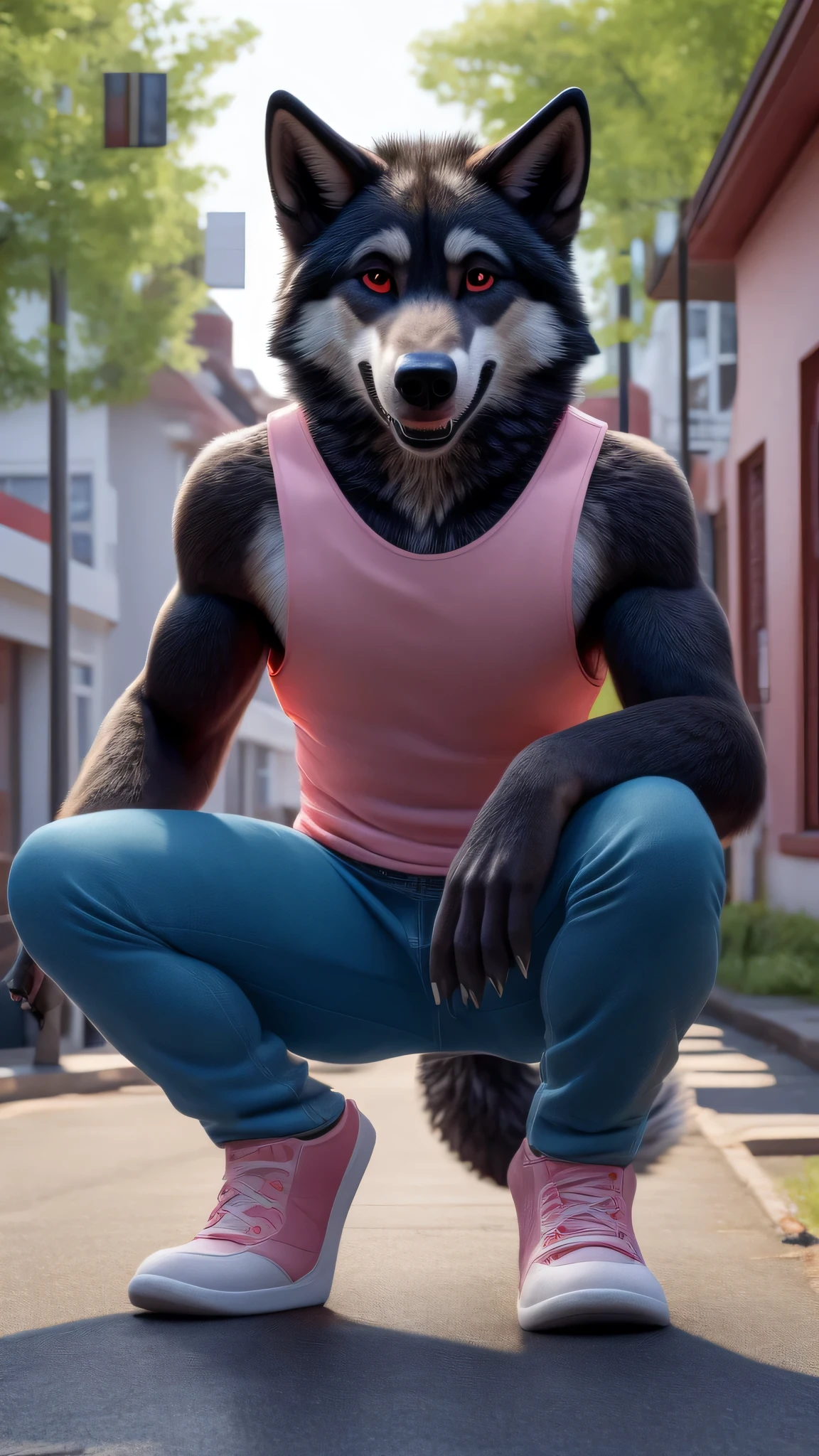 furry, alone, close up, male black wolf, Bright red eyes, finger claws, Greet the viewer, pastel pink sleeveless shirt, blue pants, happy, Street, forest, Houses, squatting posture, fluffy tail, open legs, 4K quality