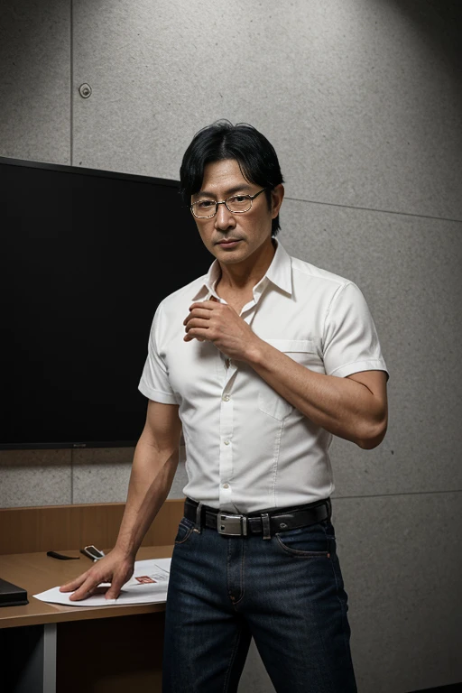 front view, full-body, solo, 1 man ,Japanese man, code name L, staff of M , 40 age-old, (black hair, black eyeglass, serious),middle body, lough style fission, (a colorful alha shit), denim breech, sandal, Japanese anime character on desk , 007 series poster and mission possible series poster put wall, noon, (super detail, high details, high quality, accurate, anatomically correct, textured skin, beautiful fingers super detail, high details, high quality, best quality)