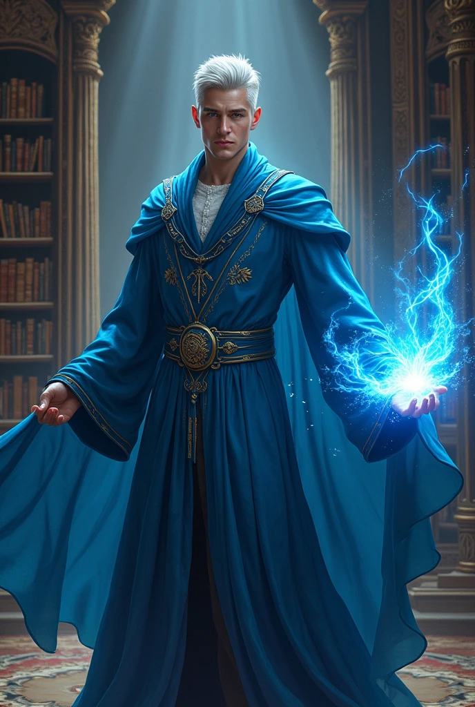 Create an image following the criteria:
1)Gender: Man 2)body hair: White and Shoulders 3)classy: rpg wizard 4)kor: 20 years 5)Blue Archmage Robe