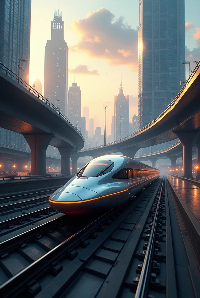 express train travels along evening railway with motion blur. Futuristic landscape with tall buildings around. Evening sky with clouds and fog on the horizon. Lots of overhead roads, bridges, transport hubs and cars around.