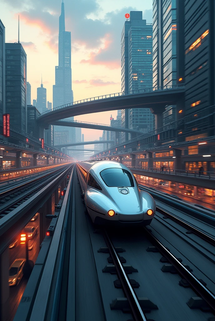 express train travels along evening railway with motion blur. Futuristic landscape with tall buildings around. Evening sky with clouds and fog on the horizon. Lots of overhead roads, bridges, transport hubs and cars around.