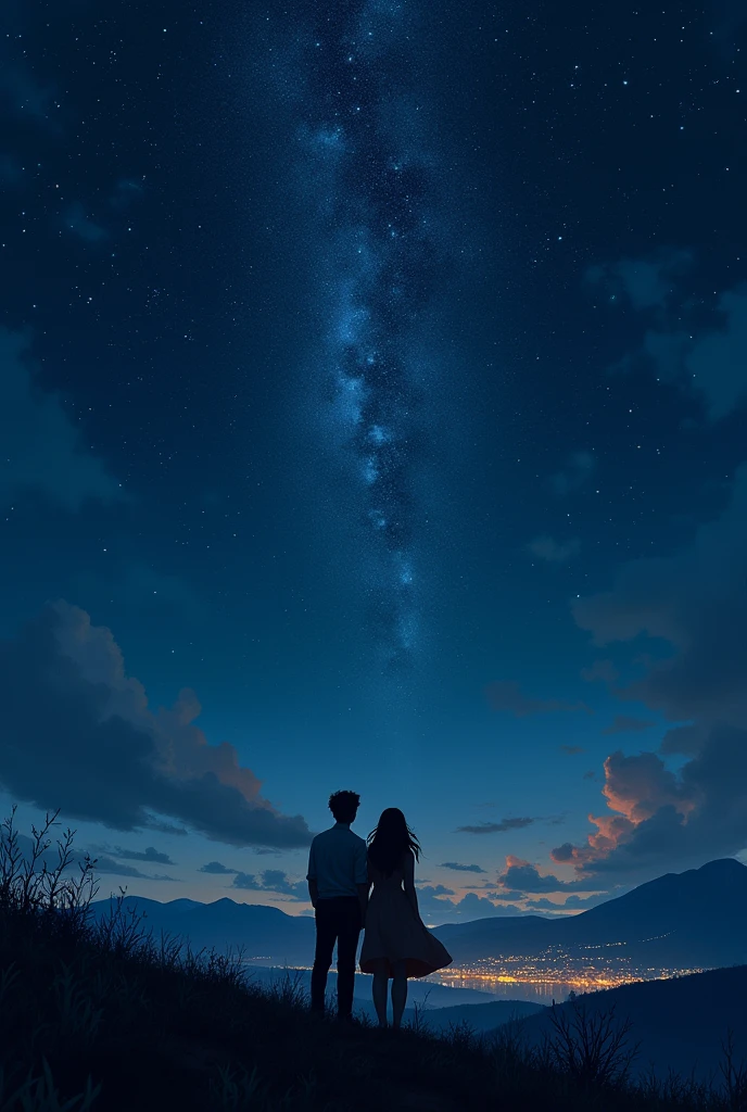 A book cover of very dark sky full of stars and a far away glimpse of lights on the town and a man and woman looking at the sky facing back.