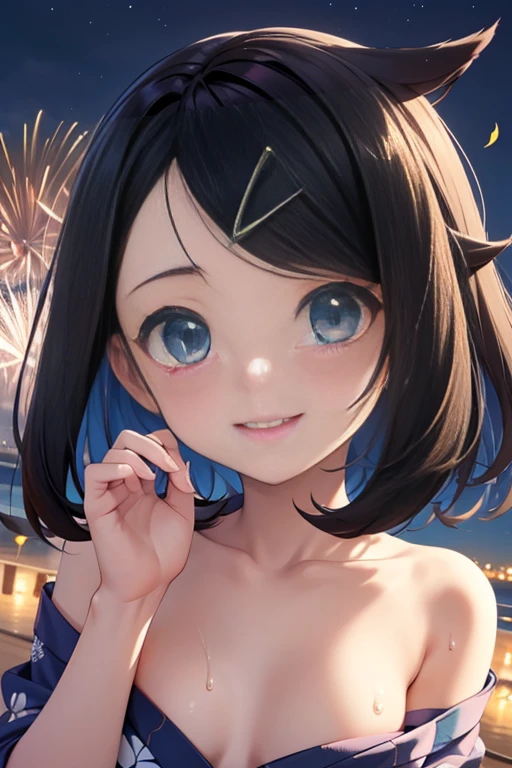 (((nsfw))), (masterpiece, Highest quality, 8K ultra-high resolution:1.4), 14yo, kawaii, Pokemon Riko, ((水色のFrillsのブラジャー)), (A colorful navy blue yukata, Frills, night: 1.4), (Summer festival), ((turn around)), Beautiful Eyes,Flash photography, Backlight, ((Close-up of face:1.4)), (The best smile:1.4), (Show your palm to the camera), (Beckon), Written boundary depth, Dramatic portrayal, (Colorful fireworks background), Focus of the film, , Emotional composition, Emotional engine full throttle BREAK Young and cute, Slender body, Flat Chest, Highly detailed glossy skin,Sweat, 完璧なPokemon Riko
, Wind, detailed in the Wind, petals dancing in the Wind
BREAK
ultra detailed crystal eyes, Eyes like shining jewels