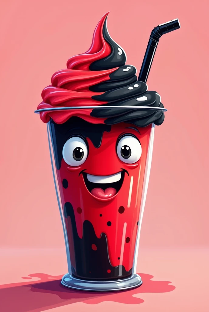 A disposable strawberry juice cup with a straw with an animated face and arms 