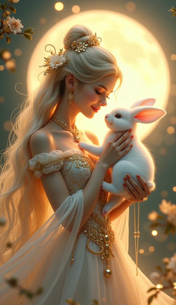 hyperrealistic full-body illustration, (beautiful moon fairy:1.3), (looking at the bunny with love:1.3), (captivating smile:1.2), long flowing hair adorned with delicate ornaments, (elaborate and ornate gown with golden embroidery:1.3), (intricate jewelry with gemstones), (elegant and ethereal:1.3), (holding a small white bunny gently in her arms), (full moon glowing softly in the background:1.4), surrounded by swirling golden leaves and ethereal light, (soft and warm color palette:1.2), (highly detailed dress with flowing fabrics and floral patterns), (soft and diffused lighting:1.3), (warm and serene atmosphere), (highly detailed:1.3), (ultra quality:1.3), (masterpiece), (digital art), 8K resolution, HDR, depth of field, (soft shadows), (photorealistic:1.3), (in the style of traditional East Asian fantasy art:1.2), (in the style of the uploaded reference image:1.3), trending on ArtStation, award-winning art