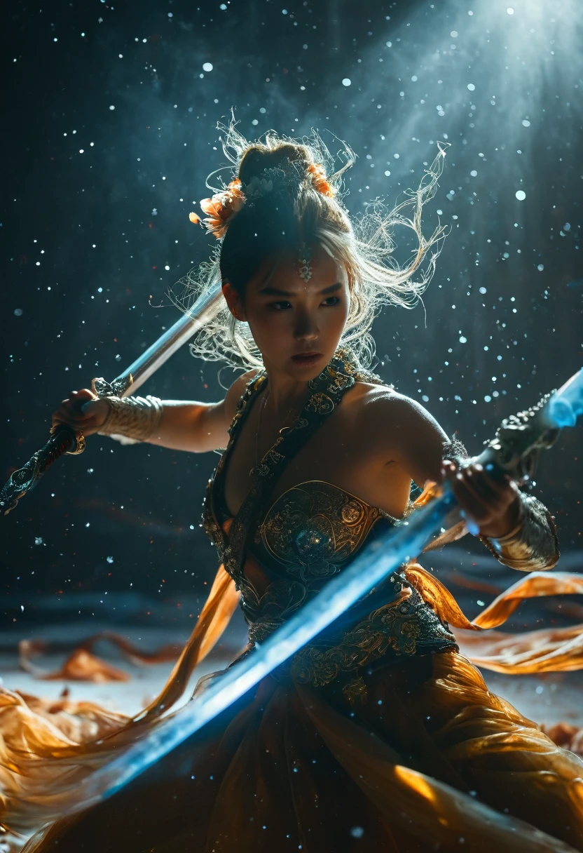 Topless photos of female swordsman，Atomic Correct,Raw, Lenses, (Be focused:1.5), (Reality:1.4), Dusk lighting, Volumetric Lighting, Ultra-high resolution, 16K,Dramatic Lighting, White background：1.5），Glowing sword,(Fighting Stance),Hold the hilt tightly，1 Sword，solitary，（tangled，Mandala，Tangle，Entanglement：0.7） , Depth of Field, Dreamy atmosphere, The most beautiful form of chaos, grace, Brutalist Design Dark Theme, Flower of Death, Flowers of ecstasy，Glowing Line,Glow Example，Tracking Example，flash， Backlight，translucent，Light Particles，exit，Xianxia