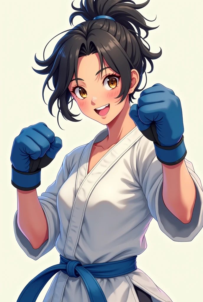 Naruto style 20 year old athletic female girl, light skinned, with amber eyes, one darker than the other, half up messy black hair, with an expression of happiness and pride, dressed in karate uniform and light blue belt, doing sparring with blue kumite gloves