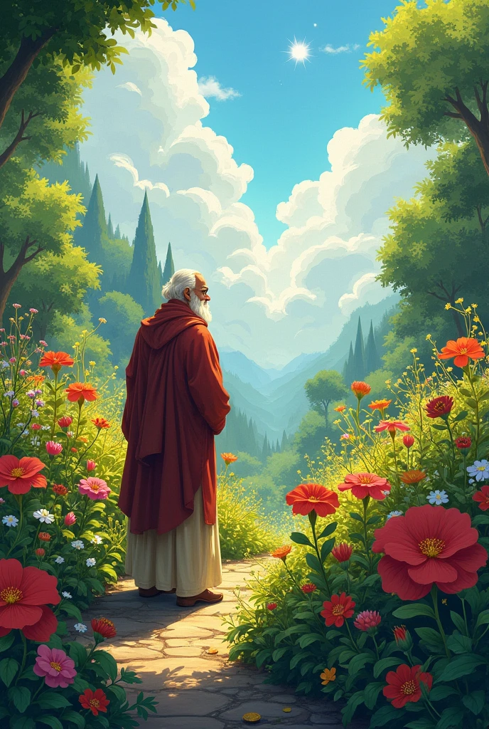 The garden, now more vibrant and colorful than ever, with flowers in full bloom under a bright, sunny sky. The wise man stands proudly at the edge of the garden, looking over his flourishing plants with a peaceful smile, symbolizing the return of harmony and growth.