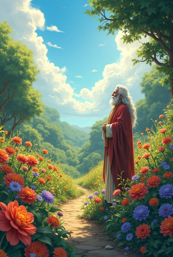 The garden, now more vibrant and colorful than ever, with flowers in full bloom under a bright, sunny sky. The wise man stands proudly at the edge of the garden, looking over his flourishing plants with a peaceful smile, symbolizing the return of harmony and growth.