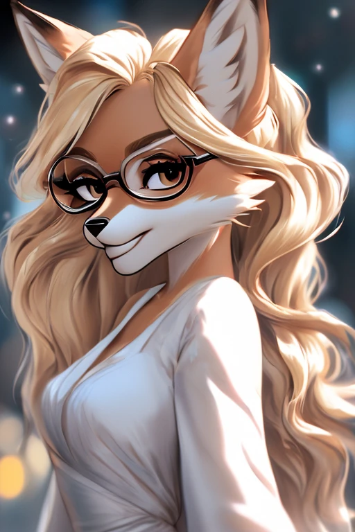 Female brown anthropomorphic fox, hair blonde, seducing gaze, gazing at viewer, wearing a white dress, wearing round glasses, animation