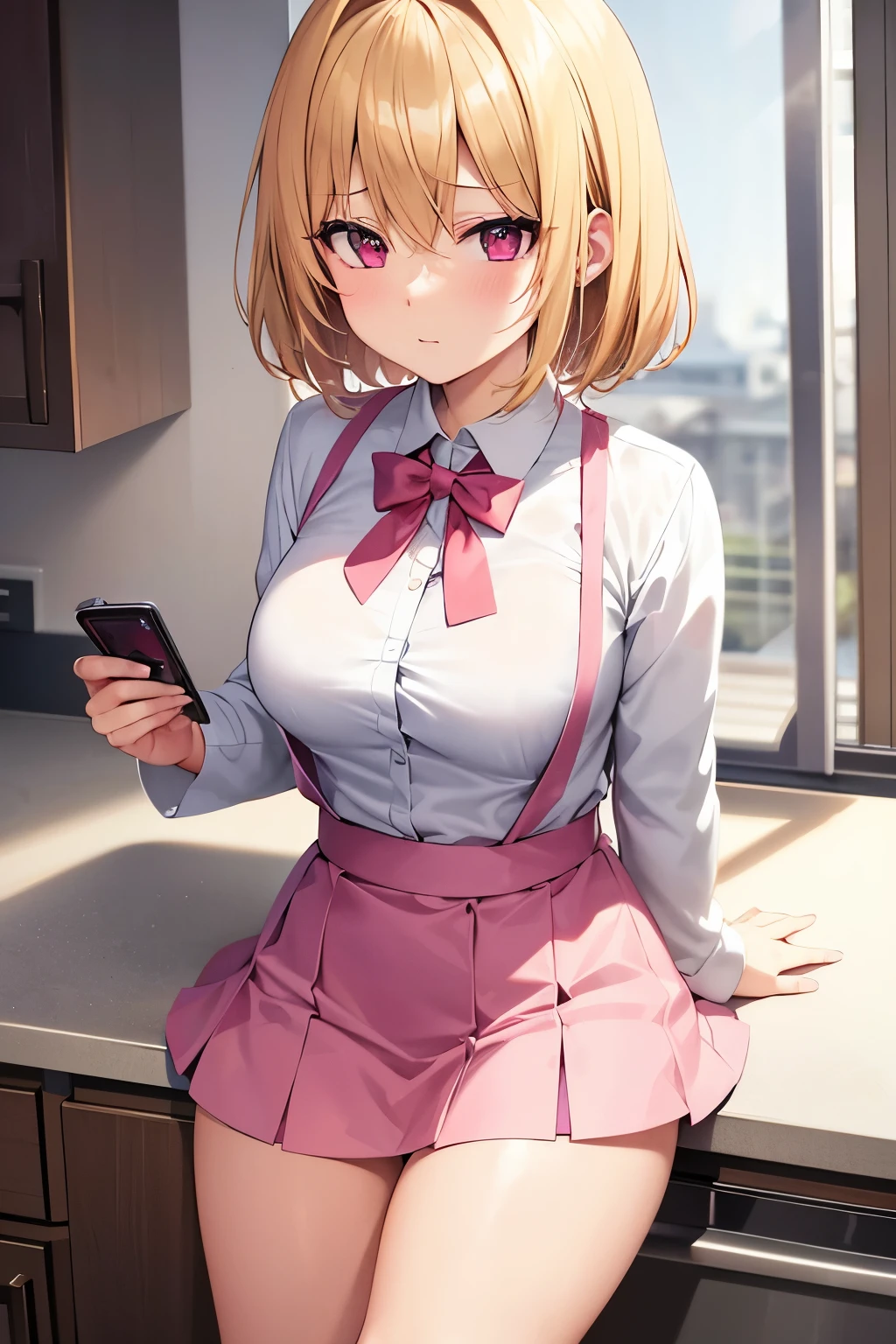 blond anime  sister with pink eyes,with short skirt make food on kitchen , she have a sexy body 