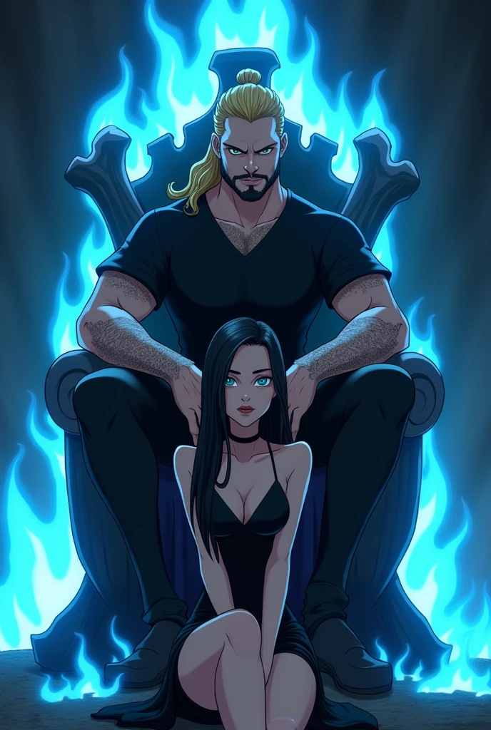 a burly 30-year-old man, green eyes, sitting nonchalantly on a throne of blue flaming bones, She has long blonde hair in a bun, with a little blonde beard, exudes power and dominance, It is very attractive, is in a dark and gloomy place, He has a black shirt and black pants. ((A woman sitting on her legs)) The young and beautiful woman (19 years) is intense blue eyes, long, straight, jet-black hair, she is very beautiful, hips a little wide, medium breasts, slim. She is wearing a tight and beautiful elegant black dress, which has a V-neckline and a leg slit. It&#39;s like a metaphor for Hades and Persephone. animated art...