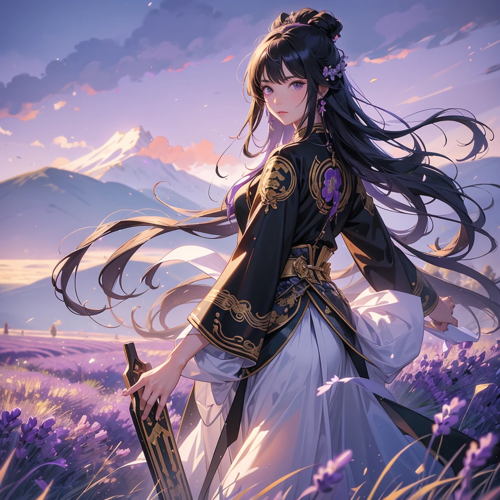 A beautiful female general holding a big spear in black ancient Chinese general costume, walking In the middle of lavender fields , Surrounded by lavender fields, purple, with green mountains in the background, low clouds, the sun is about to set. close up.